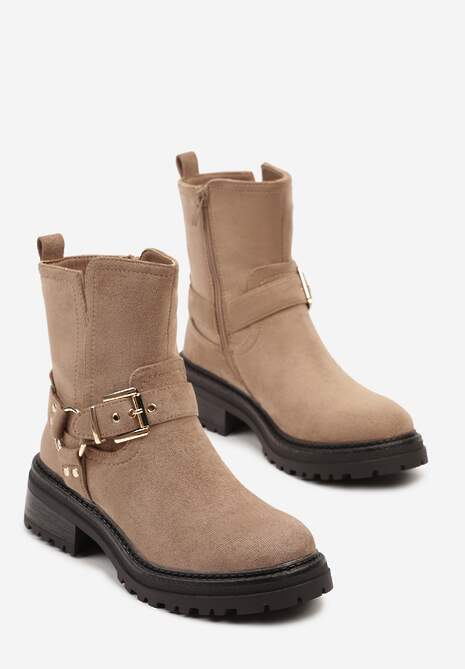 Ciemnobeżowe Botki w Motocyklowym Stylu z Ekozamszu z Ozdobną Klamrą przy Cholewce Ninnaria