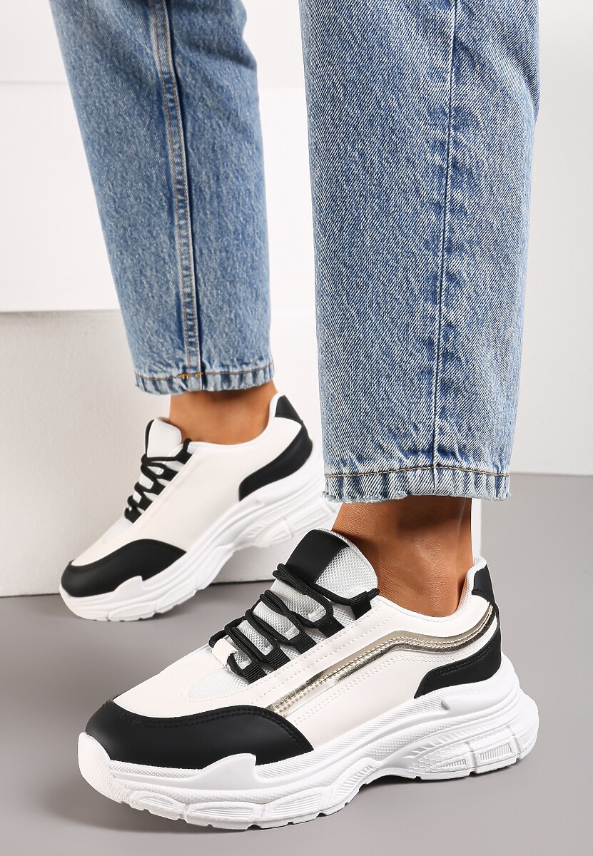 Biało-Czarne Casualowe Sneakersy z Ekoskóry z Ozdobnymi Wstawkami i Sznurowaniem Melindia