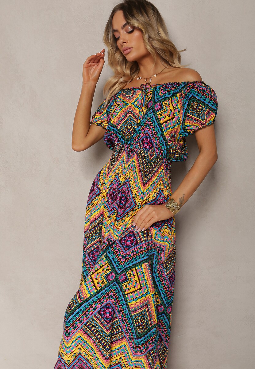 Żółto-Fioletowa Rozkloszowana Sukienka z Bawełny z Gumką w Talii Xenetta