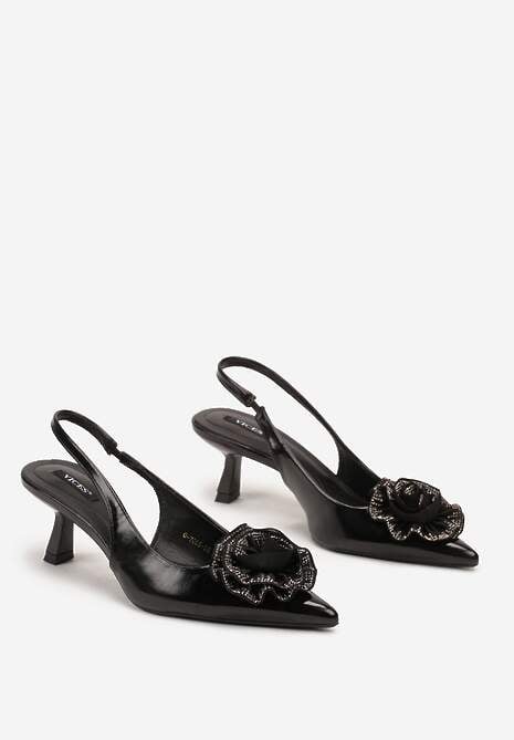 Czarne Czółenka na Obcasie Typu Kaczuszka ze Szpiczastym Noskiem i Kwiatową Ozdobą 3D Sinavia