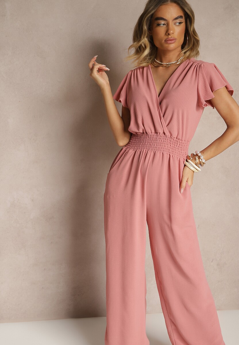 Niebieski Kombinezon o Kopertowym Kroju z Gumką w Talii Martalia