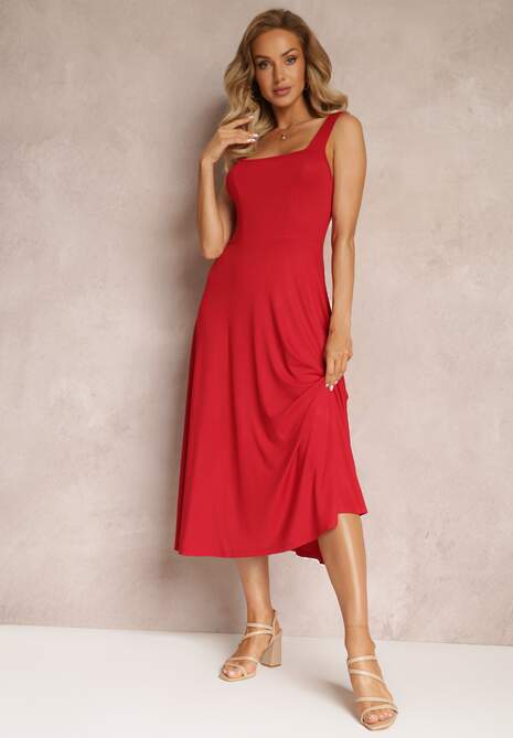 Czerwona Midi Sukienka o Rozkloszowanym Fasonie na Szerokich Ramiączkach z Okrągłym Dekoltem Oversoul