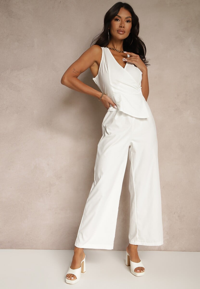 Biały Taliowany Kombinezon Elegancki z Dekoltem V Nevianis