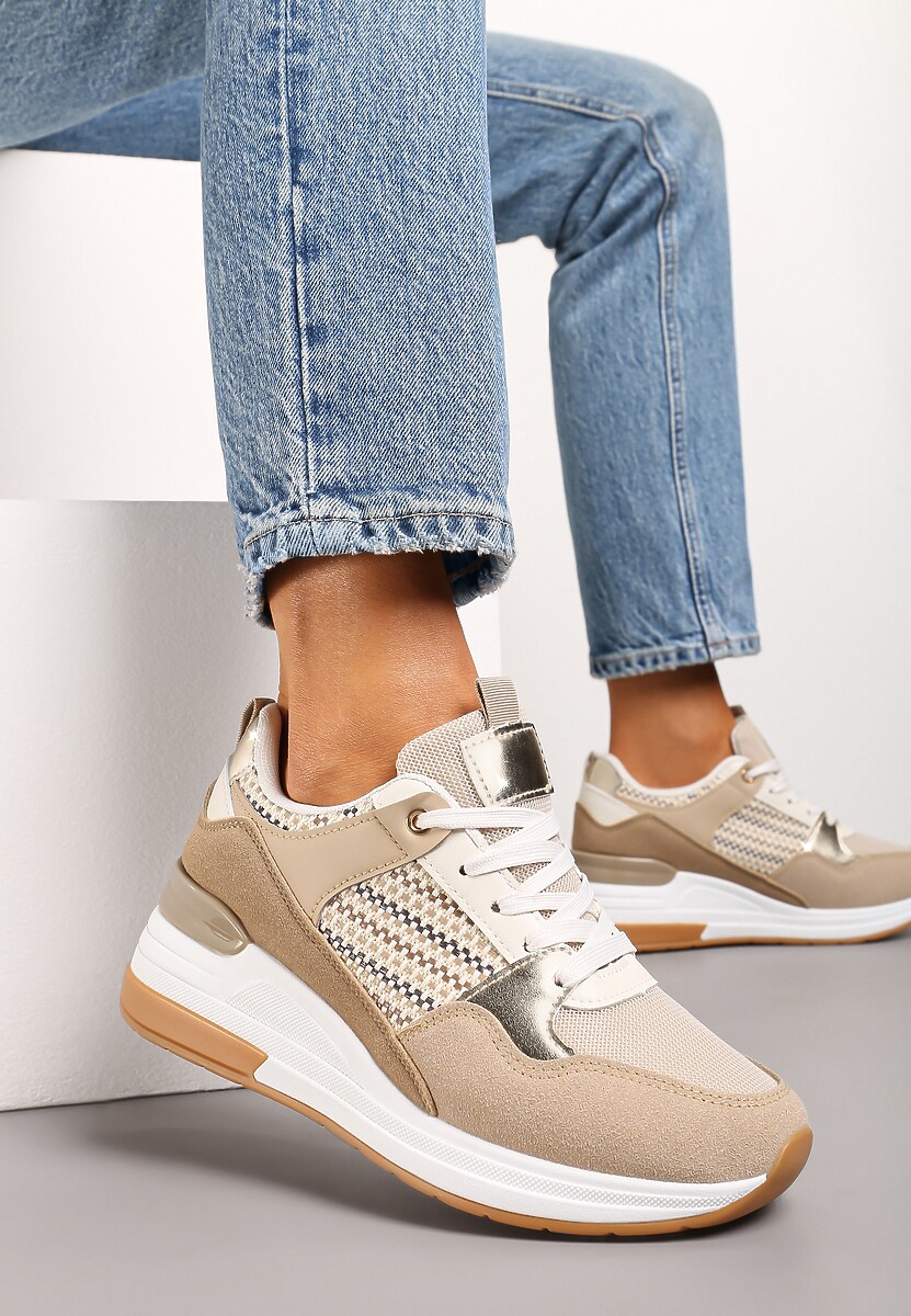 Beżowo-Czarne Sneakersy z Niskim Koturnem i Ozdobnymi Wstawkami Ysabeltia