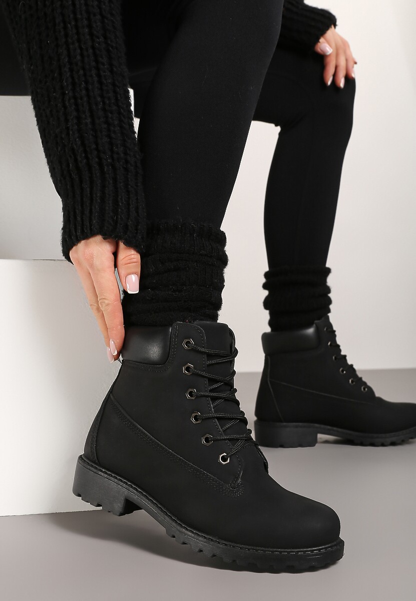 Czarne Sznurowane Botki Workery Sidnesa
