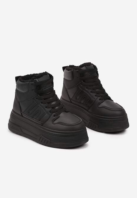 Czarne Sneakersy na Platformie Mocno Ocieplane Futerkiem Lealwen