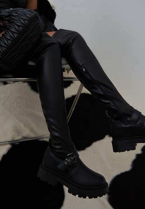 Czarne Kozaki za Kolano na Grubej Podeszwie Ismara