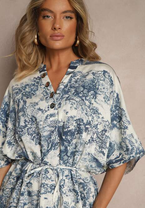 Niebieska Sukienka Oversize z Wiskozą i Abstrakcyjnym Motywem Lunisana