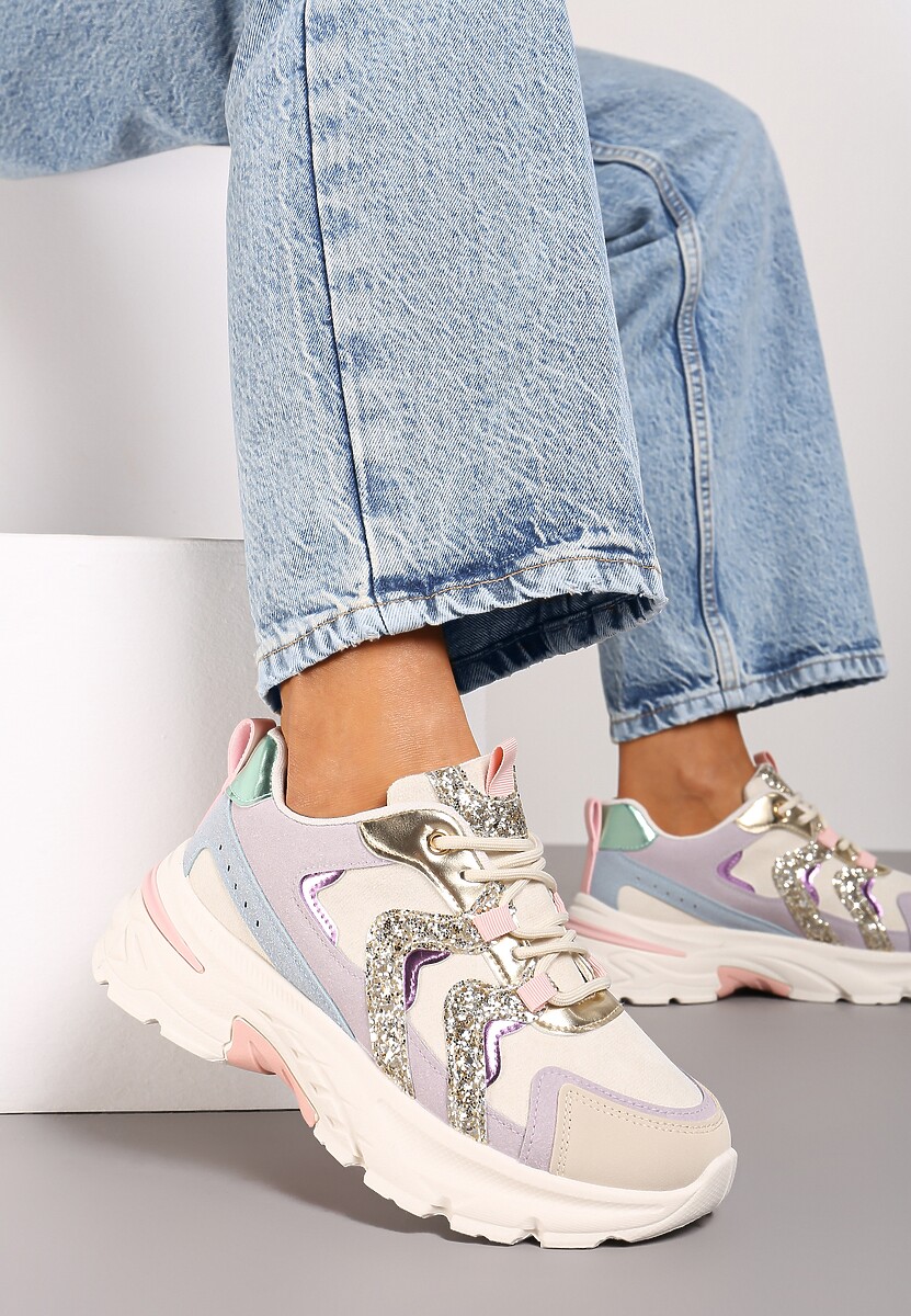 Niebieskie Sznurowane Sneakersy na Platformie Ozdobione Brokatem Betira