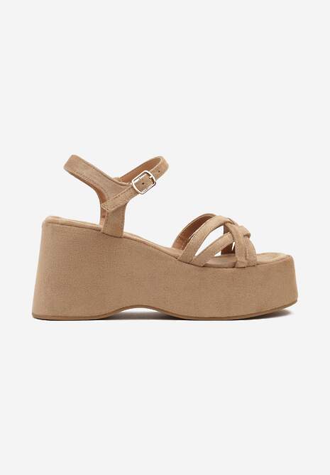 Ciemnobeżowe Sandały na Koturnie z Ozdobnymi Paskami Zapinane przy Kostce Imeria