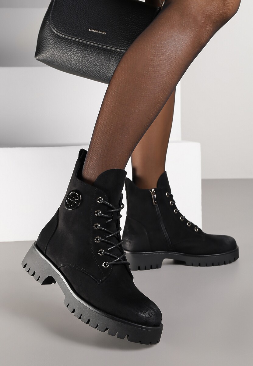 Ciemnobeżowe Botki Potocki Workery z Geometryczną Ozdobą Firiselle