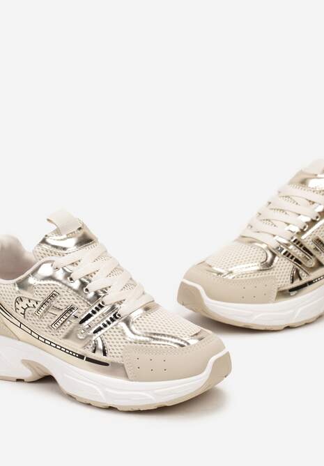 Złote Sneakersy na Grubej Podeszwie Ozdobione Przeszyciami Linarei