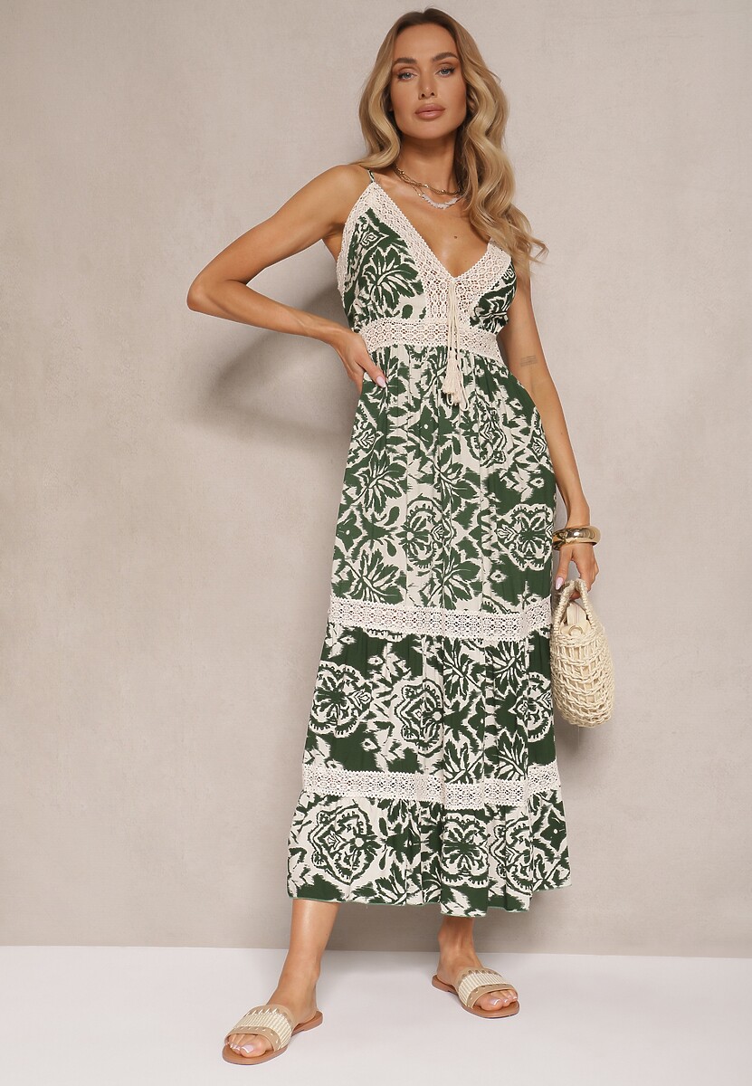 Zielona Sukienka z Bawełny o Rozkloszowanym Kroju w Etniczny Print Taliraya