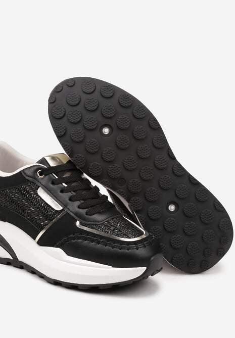 Czarne Sneakersy na Platformie ze Wstawkami z Plecionki Ninatia