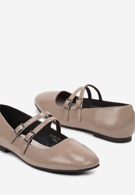 Ciemnobeżowe Balerinki na Płaskiej Podeszwie Wykończone Paskami Sprzączkami i Skórzaną Wkładką Nasnae