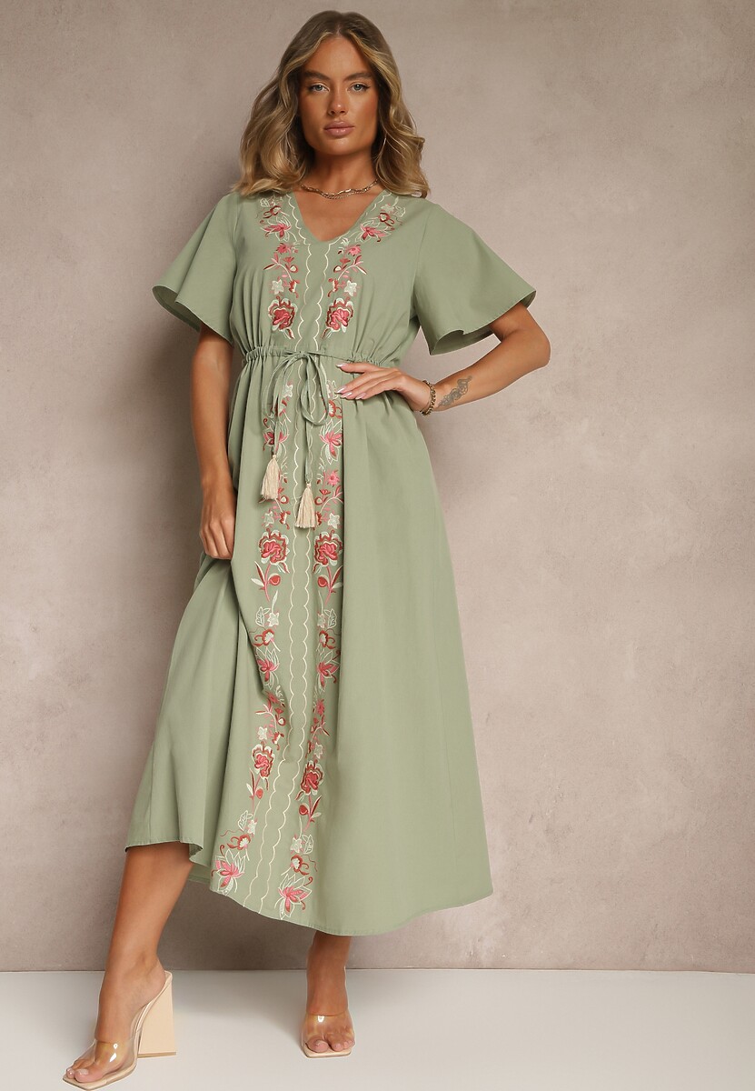 Zielona Rozkloszowana Sukienka z Bawełny w Stylu Boho z Ozdobnym Haftem Sersena