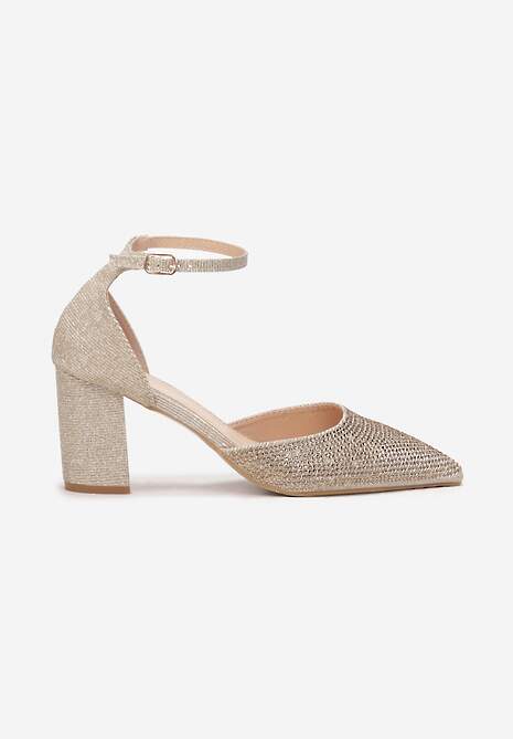 Złote Brokatowe Czółenka na Słupku z Cyrkoniami Zannin