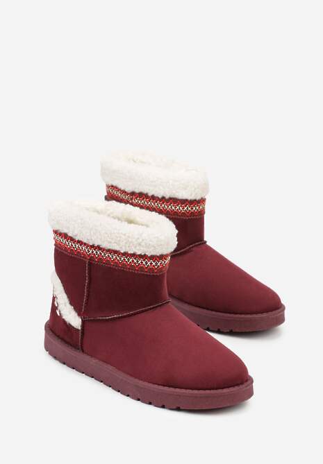 Bordowe Śniegowce o Wsuwanym Fasonie z Haftem i Futrem przy Cholewce Mevinadia