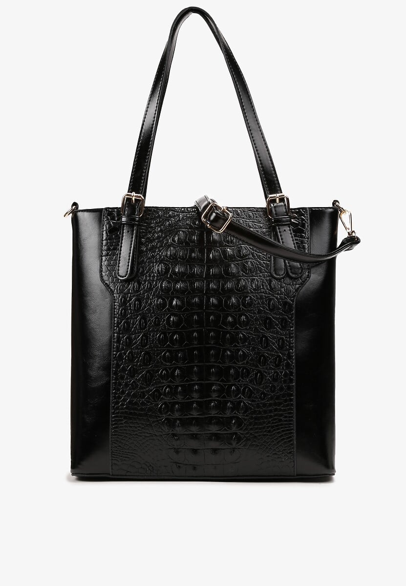 Czarna Duża Torebka na Ramię z Ozdobnym Tłoczeniem Kelin