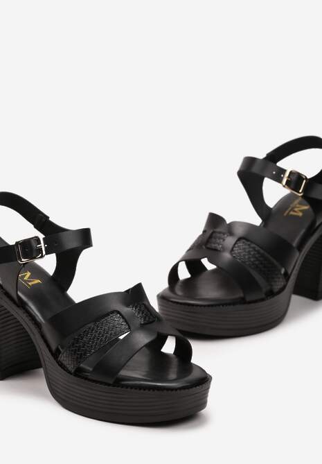 Czarne Sandały na Platformie i Słupku z Ekoskóry ze Sprzączką i Wycięciami Riklada