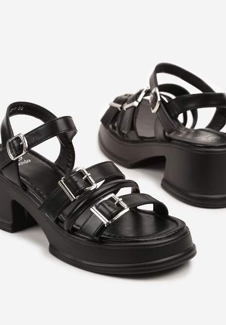 Czarne Sandały na Słupku i Platformie Ozdobione Klamrami Maralena
