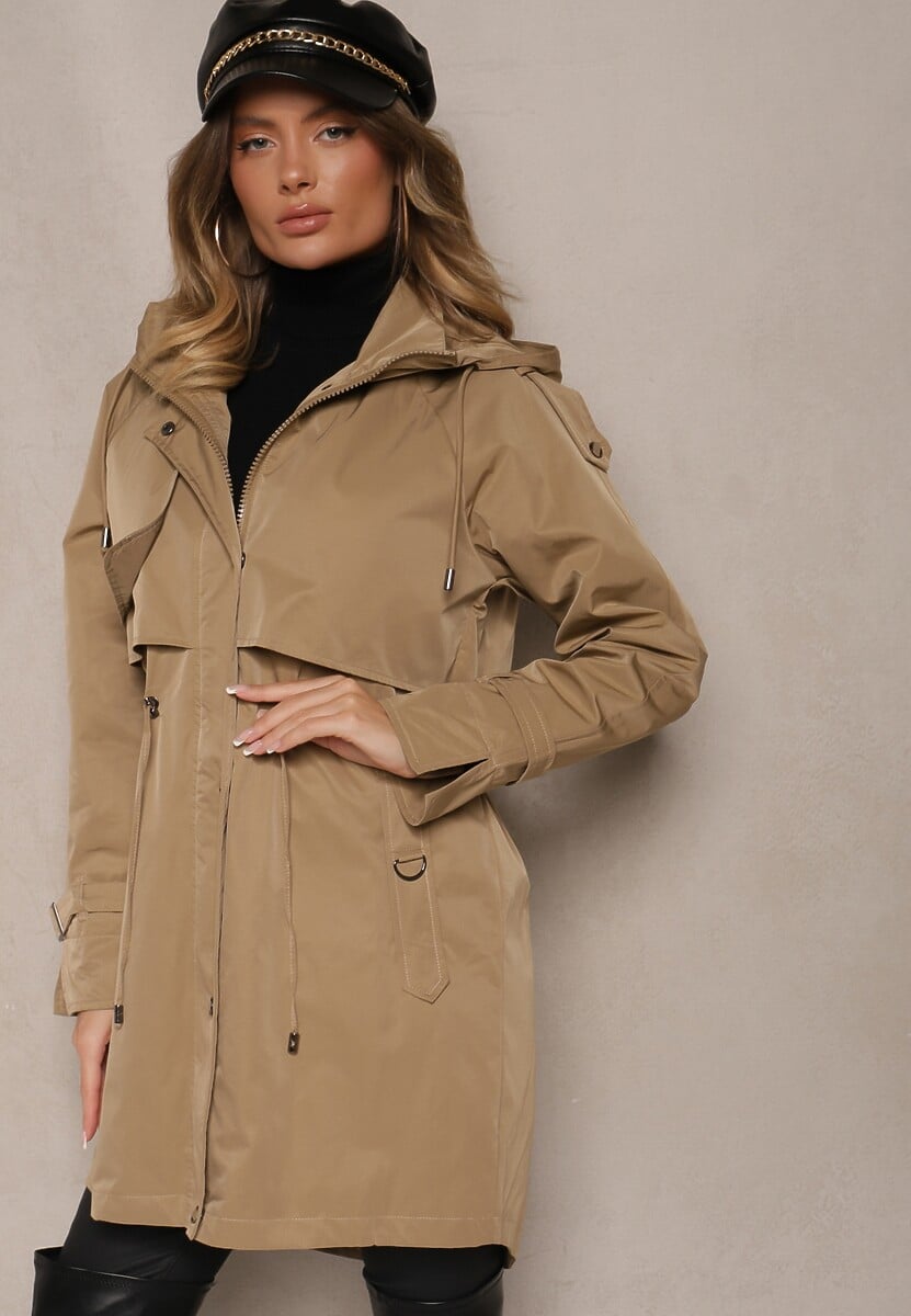 Ciemnobeżowy Płaszcz Kurtka Parka  z Kapturem i Ściągaczem w Talii Verfia