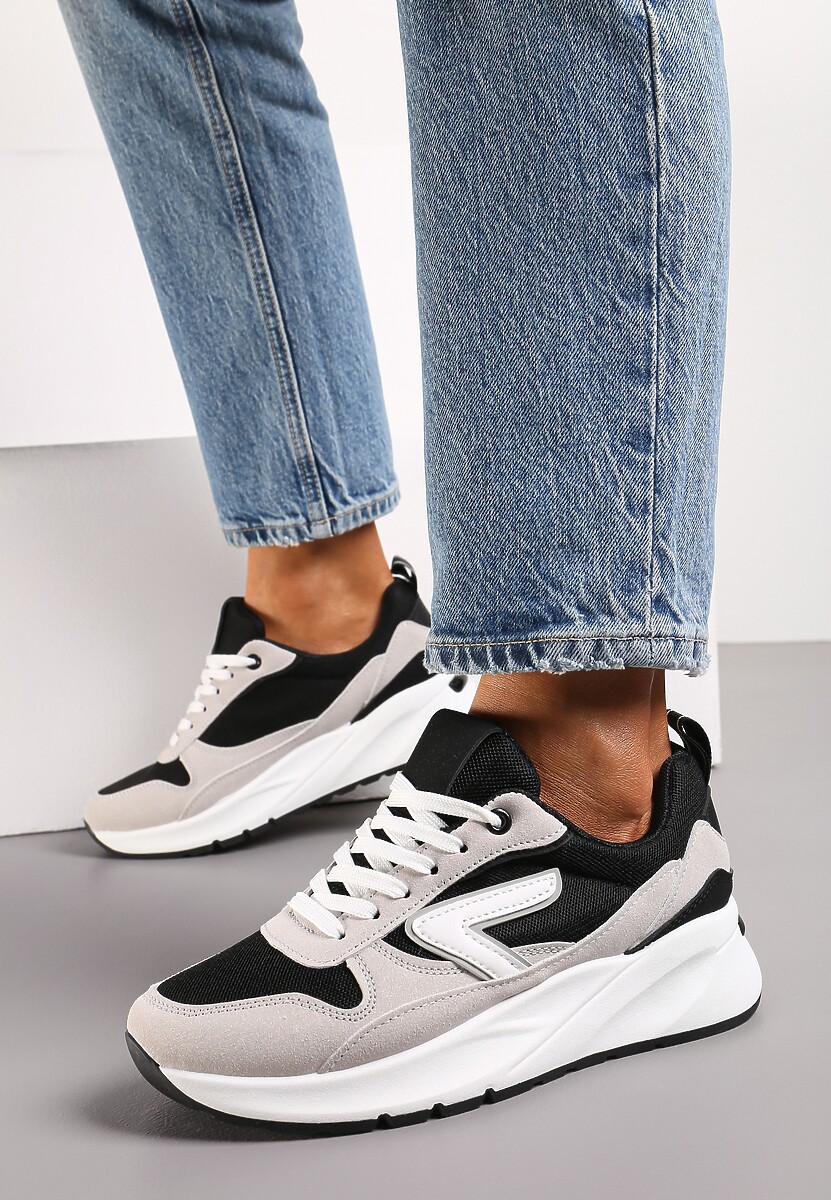 Czarno-Beżowe Sneakersy na Grubej Podeszwie z Materiałowymi Wstawkami i Ozdobnymi Przeszyciami Orbane