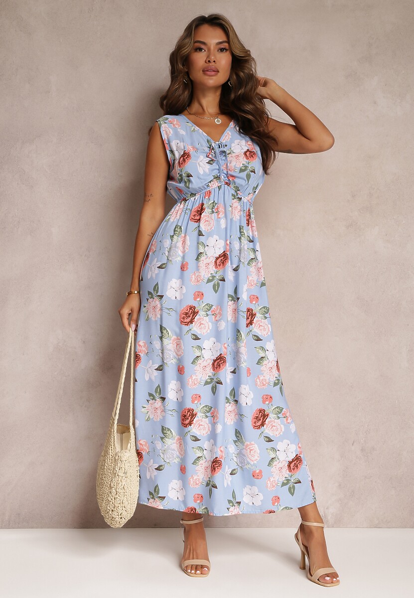 Jasnoniebieska Sukienka Maxi w Kwiaty z Gumką w Talii Kaleita