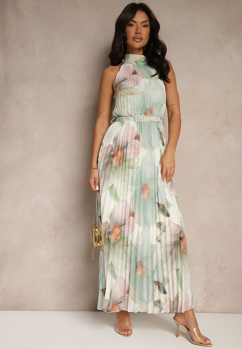 Zielona Plisowana Sukienka z Wiązaniem i Paskiem z Klamrą Nitolia