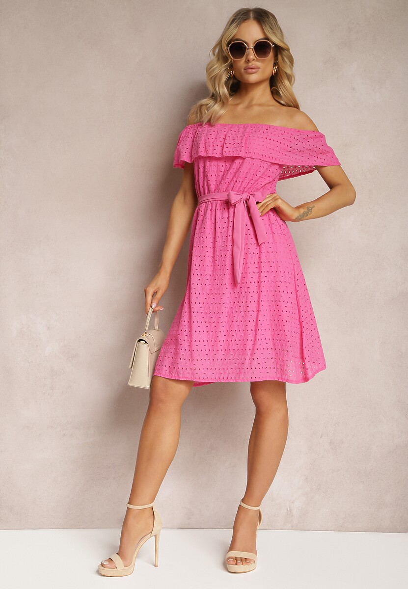 Fuksjowa Haftowana Sukienka Typu Hiszpanka z Gumką i Paskiem w Talii Qira