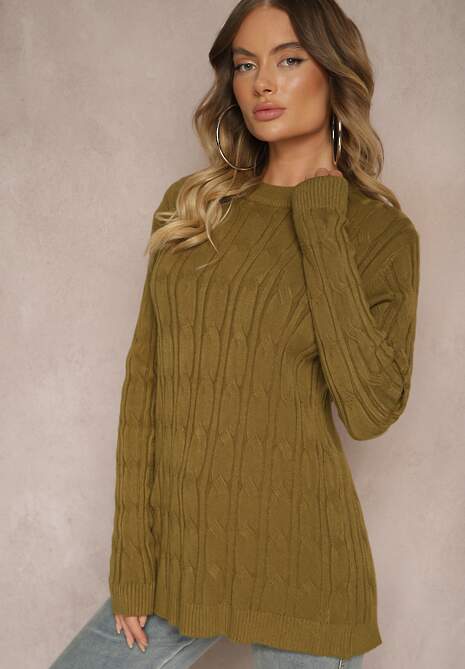 Ciemnozielony Sweter z Wiskozą Ozdobiony Tłoczeniem Savra