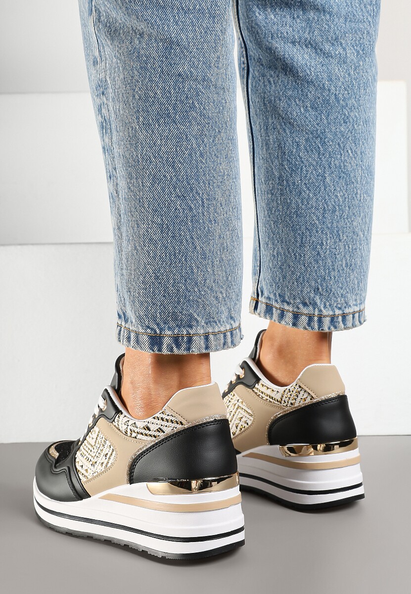 Czarne Sneakersy na Koturnie z Geometrycznym Wzorem i Brokatem Tillineira