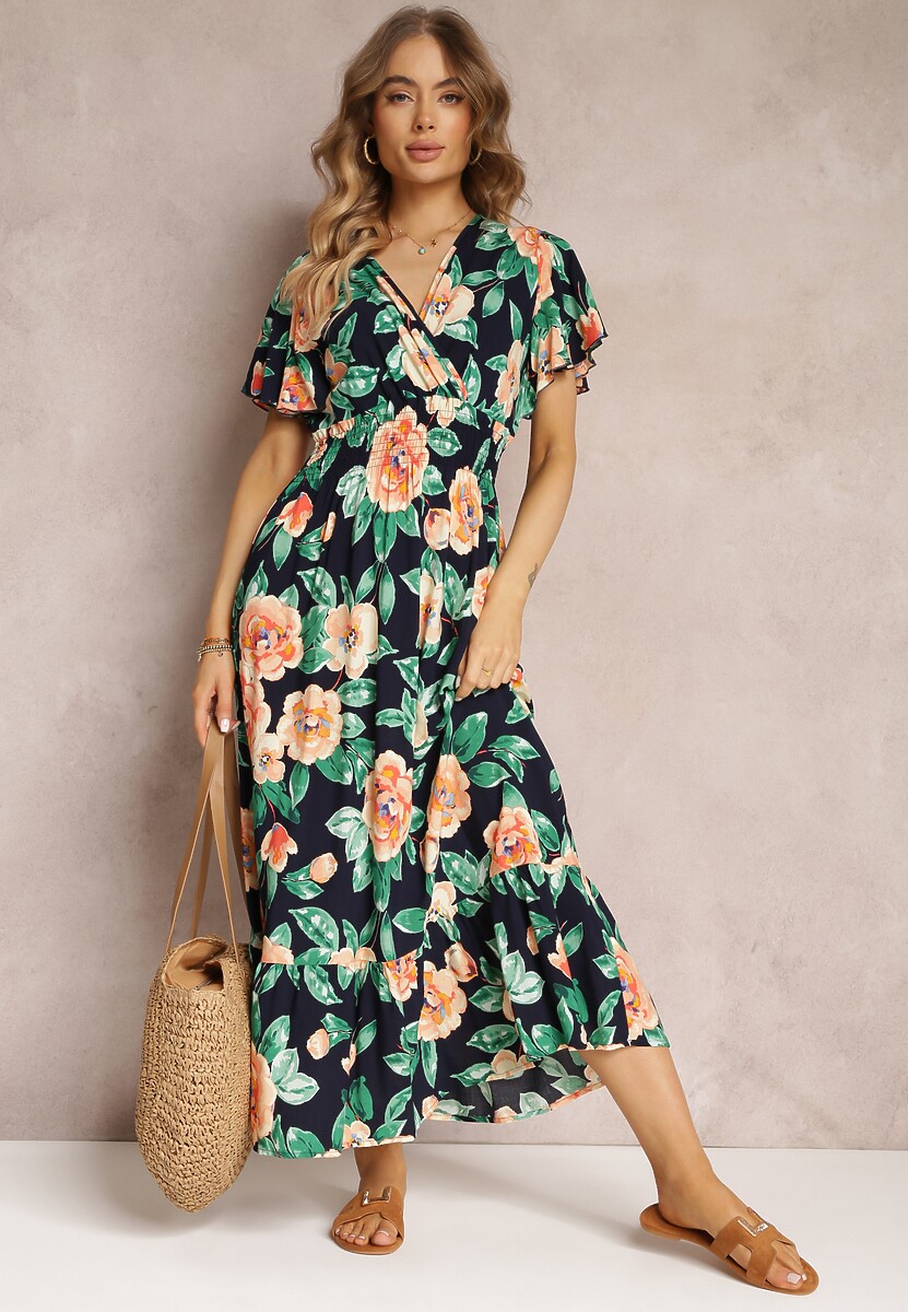 Granatowa Rozkloszowana Sukienka Maxi z Gumkami w Talii i Falbankami Tayte