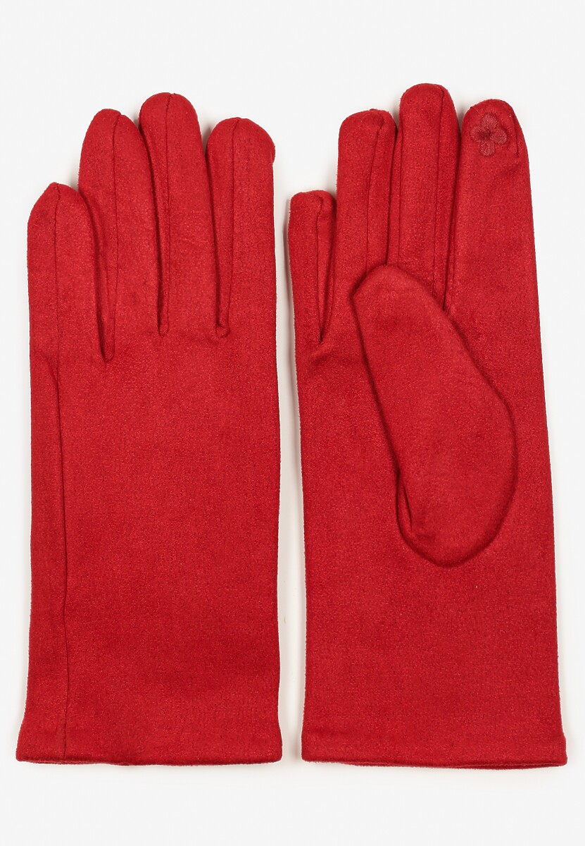 Czerwone Rękawiczki Welurowe z Ozdobną Dzianinową Nakładką Seliti