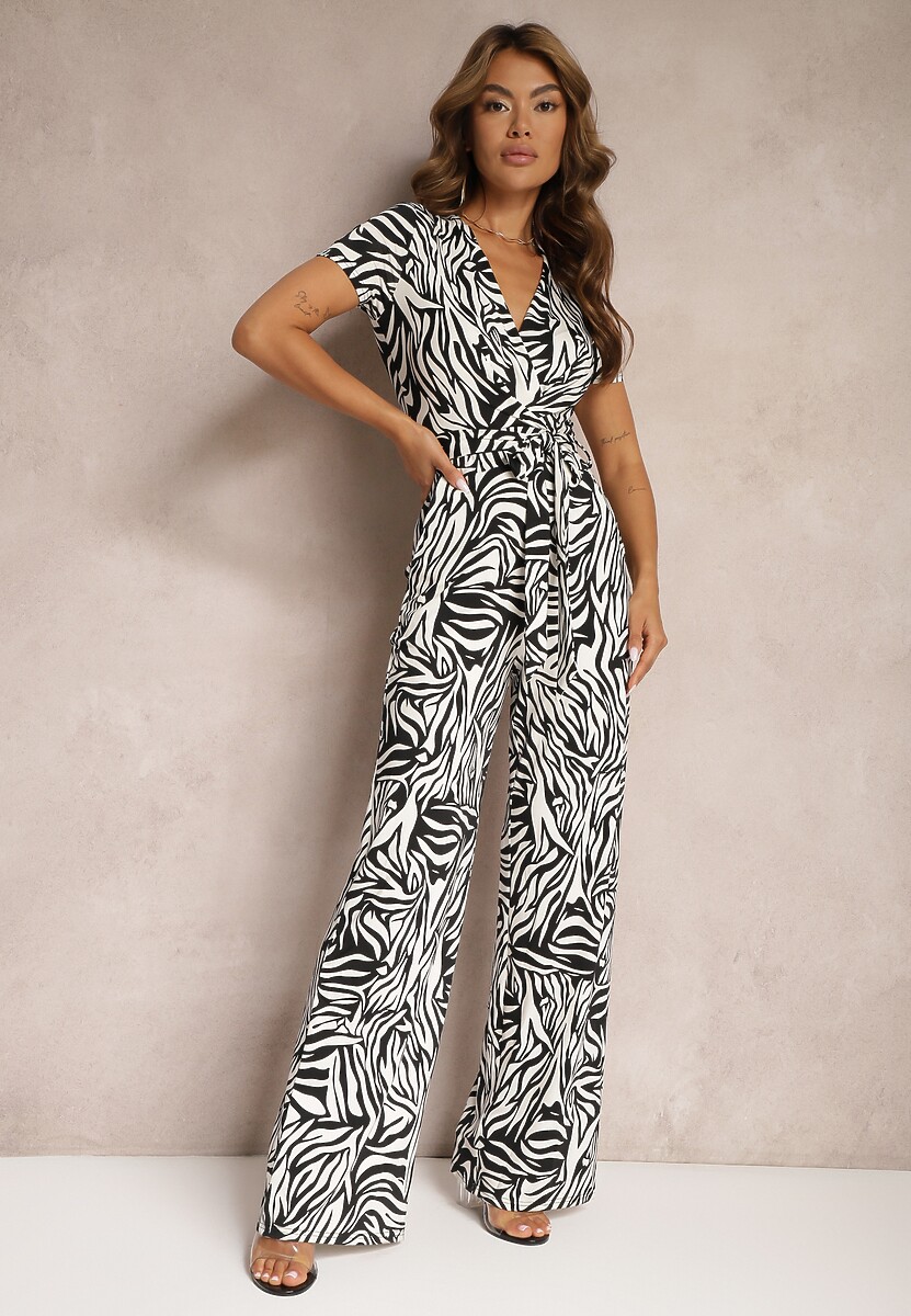 Czarno-Biały Kopertowy Kombinezon Taliowany z Szerokimi Nogawkami Talamla