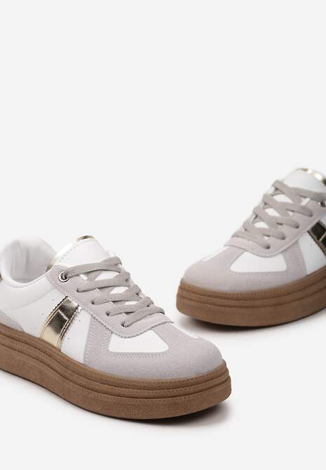 Szaro-Białe Sneakersy na Grubej Podeszwie z Ozdobnymi Przeszyciami Ysdole