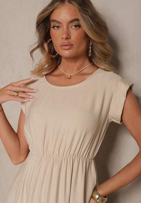 Beżowa Rozkloszowana Sukienka z Wiskozy Linurea