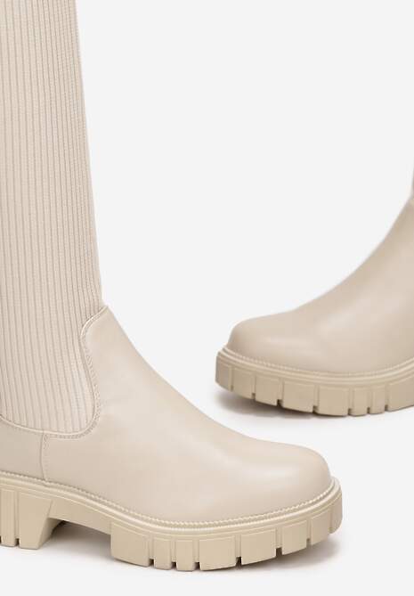 Beżowe Kozaki z Elastyczną Cholewką za Kolano Meyo