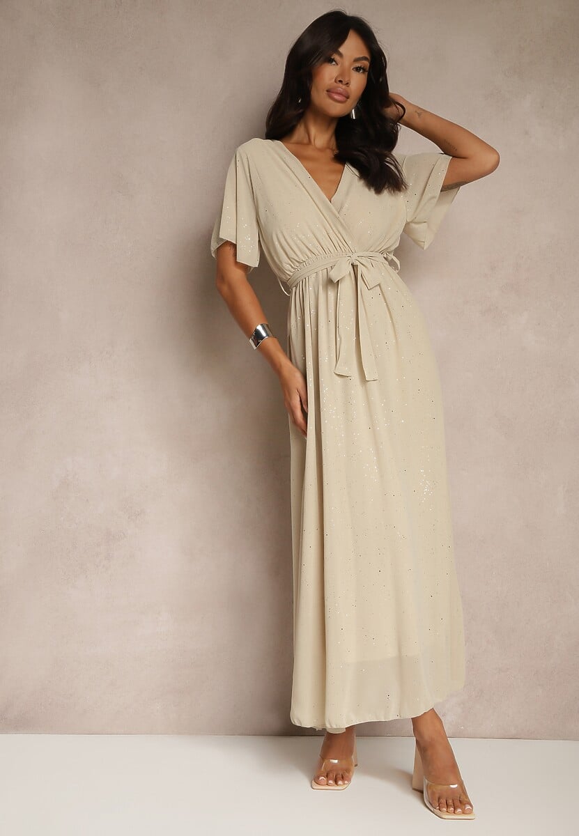 Beżowa Koktajlowa Brokatowa Sukienka z Paskiem Addlea