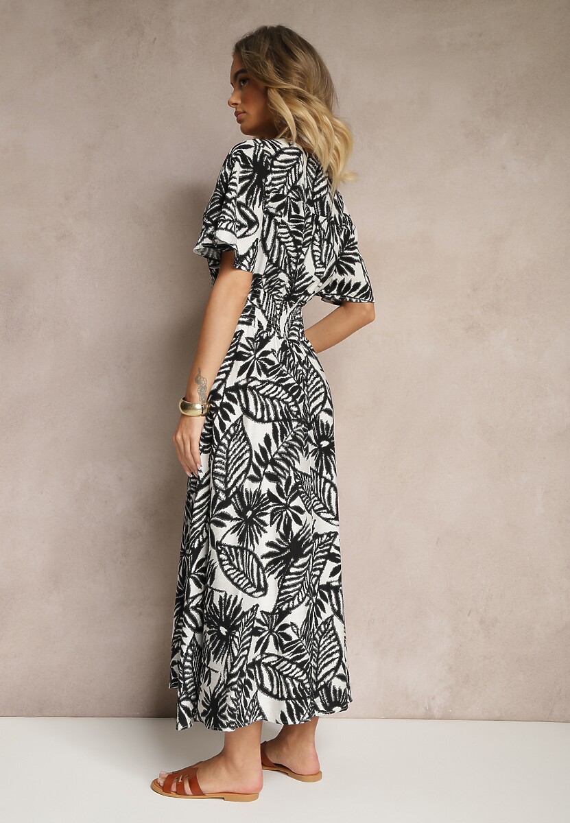 Czarna Sukienka z Gumką w Pasie Ozdobiona Roślinnym Wzorem Charina