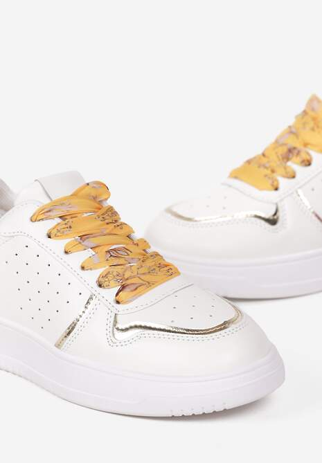 Biało-Złote Sneakersy z Kolorowymi Sznurówkami i Metalicznymi Wstawkami Lania