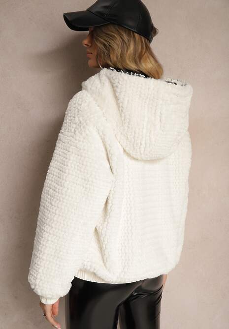 Biała Kurtka z Futerkiem Kapturem i Ściągaczami Deolie