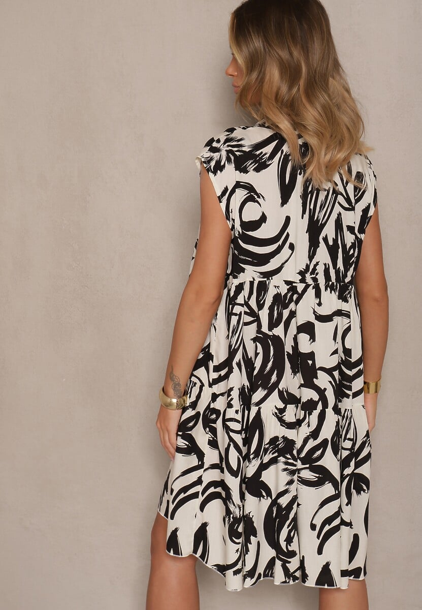 Czarna Sukienka z Bawełny Ozdobiona Abstrakcyjnym Motywem Lisovia