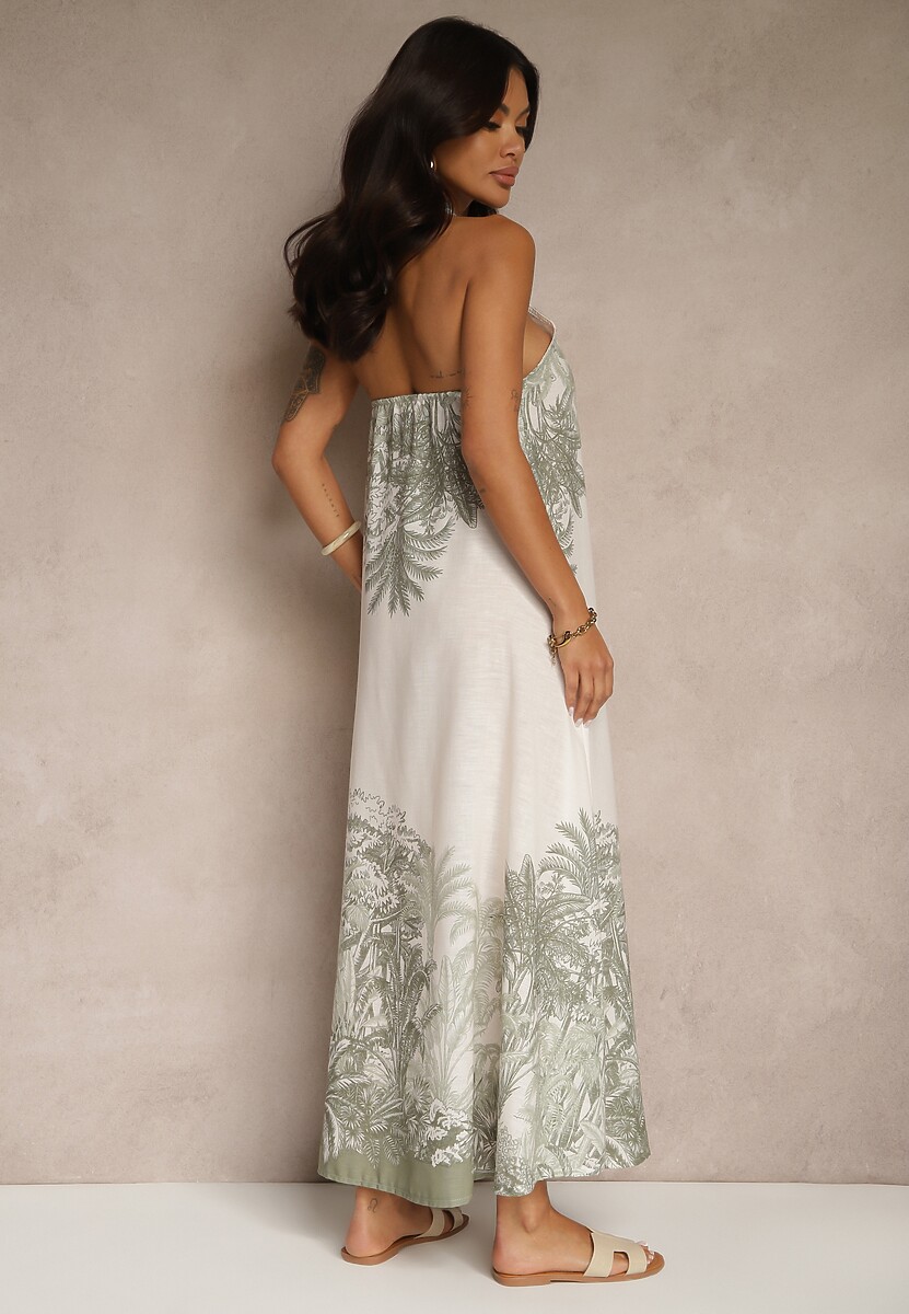 Zielona Sukienka z Wiskozą Ozdobiona Wiązaniem i Wzorem Palm Folenella