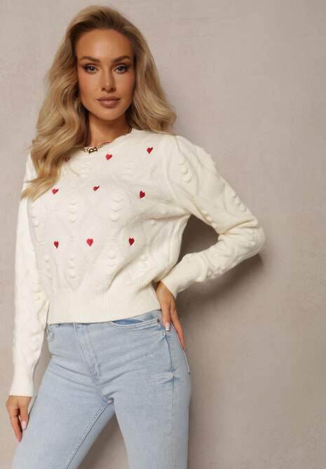 Beżowy Klasyczny Sweter ze Ściągaczami i Ozdobnymi Haftami Reani