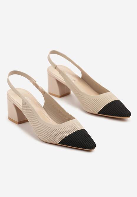 Beżowe Sandały na Słupku Typu Slingback z  Kontrastowym Noskiem Udivira