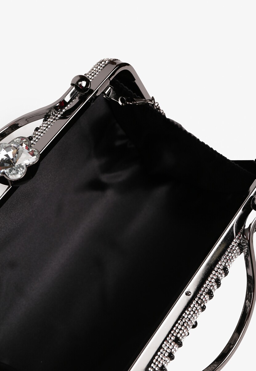 Czarna Torebka Kopertówka Ozdobiona Perełkami i Cyrkoniami Fessurea