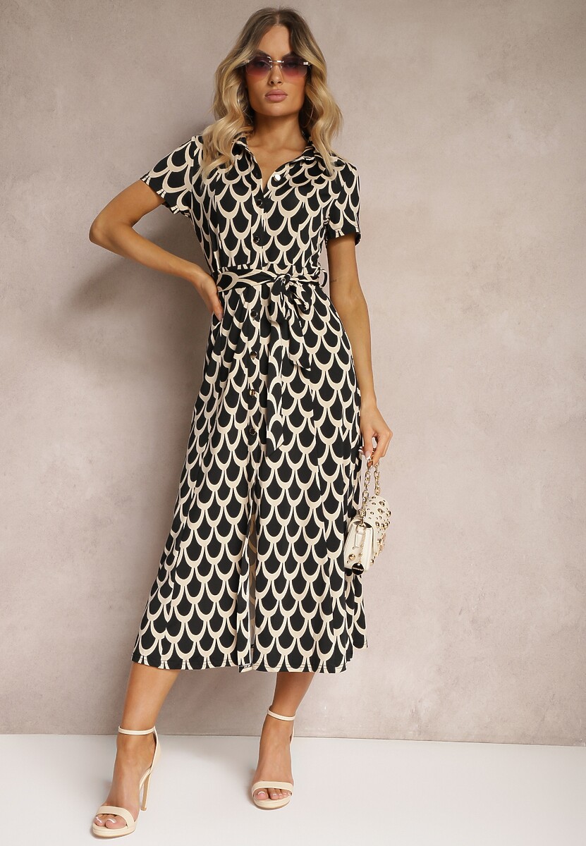 Czarno-Beżowa Sukienka o Koszulowym Kroju z Paskiem w Talii Wranea