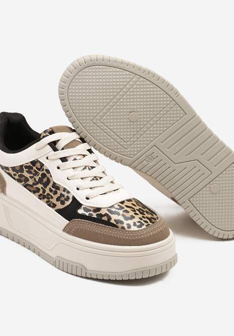 Beżowo-Brązowe Sneakersy na Tłoczonej Platformie Ozdobione Wzorem w Panterkę Deoranae