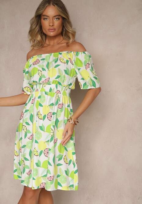 Zielona Sukienka Typu Hiszpanka z Bawełną ze Wzorem Cytrusów Aprona